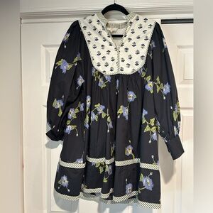 entro Black Floral Long-Sleeve Dress with White Embroidered Yoke
